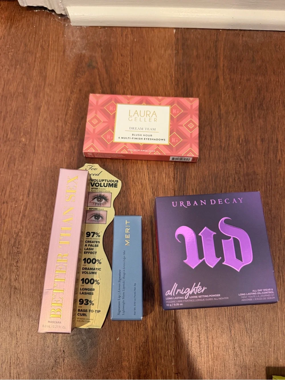 Urban Decay, Merit lippy, Too faced mascara, Laura Geller eye shadow palette